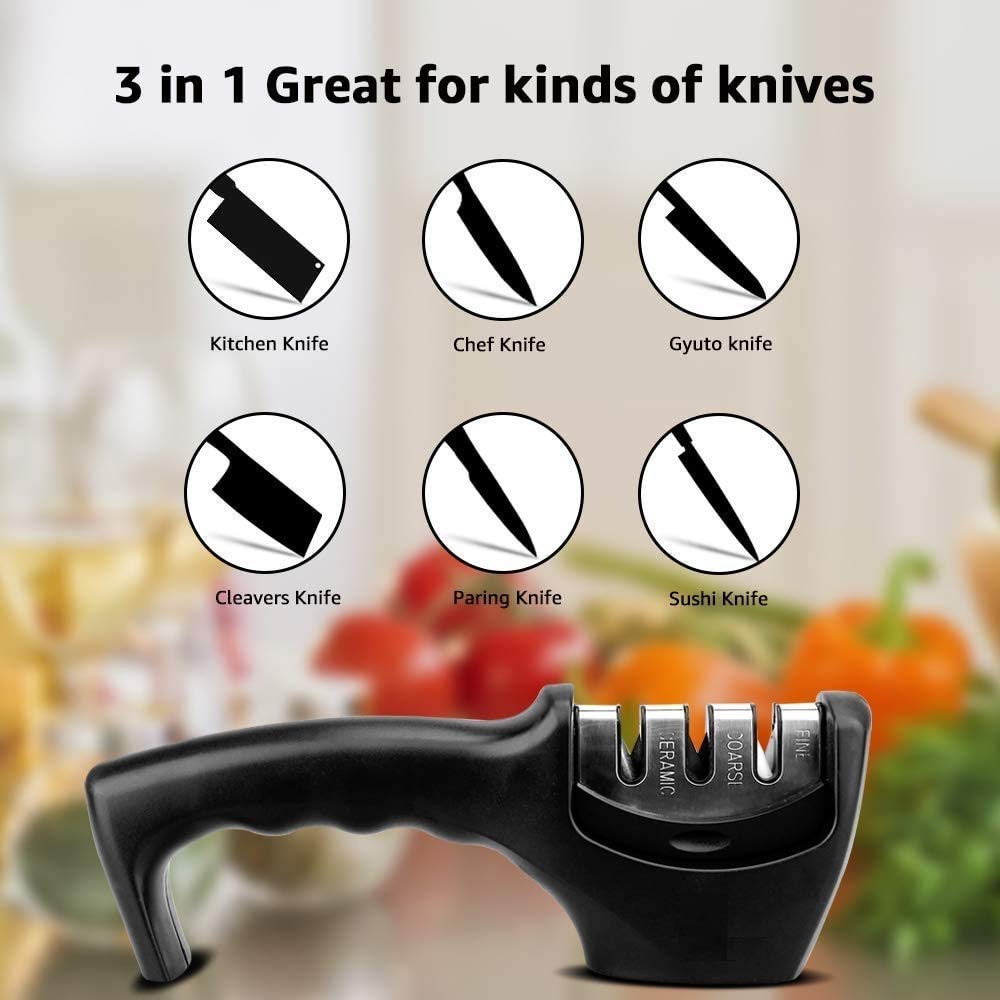 Manual Kitchen Knife Sharpner, 3 Stage Sharpening Tool for Steel Knives