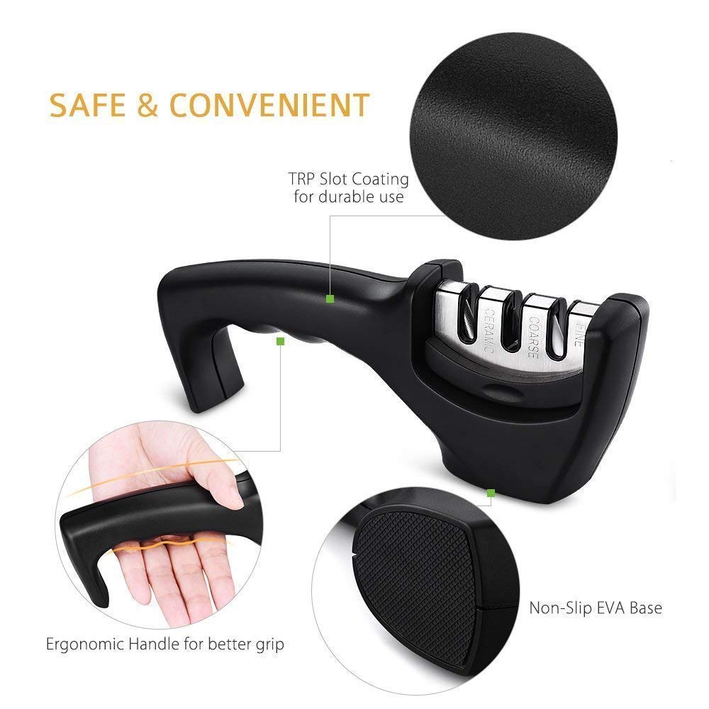 Manual Kitchen Knife Sharpner, 3 Stage Sharpening Tool for Steel Knives