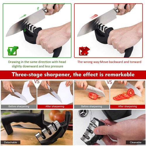 Manual Kitchen Knife Sharpner, 3 Stage Sharpening Tool for Steel Knives